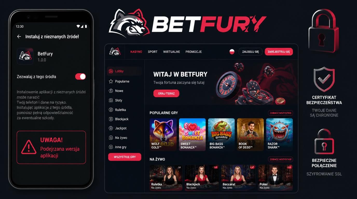  fragment aplikacji Betfury na Androidzie pokazujący instalację z nieznanych źródeł z ostrzeżeniem certyfikatu 
