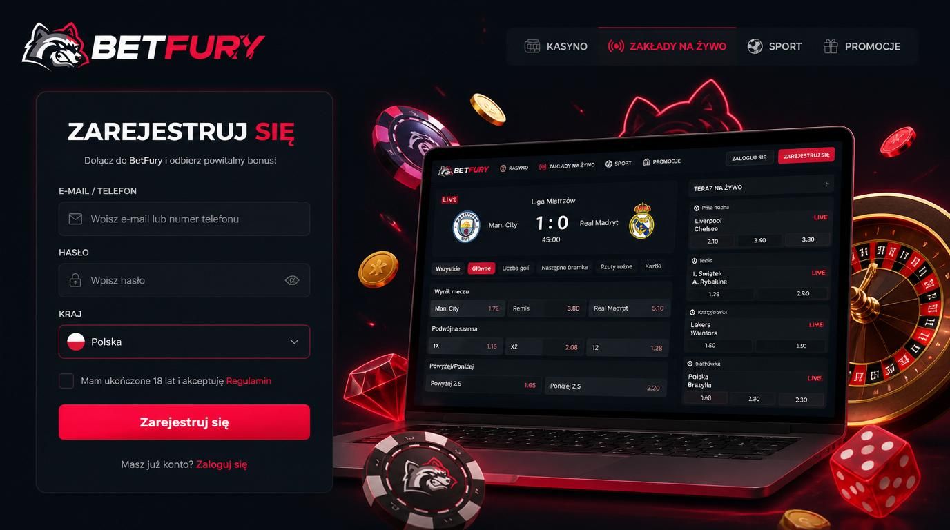 Formularz rejestracji Betfury Casino z widocznym live bettingiem