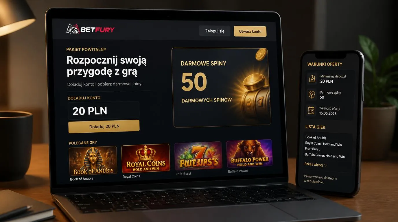 Ekran kasyna z wpłatą 20 PLN i ofertą 50 darmowych spinów na wybranych grach